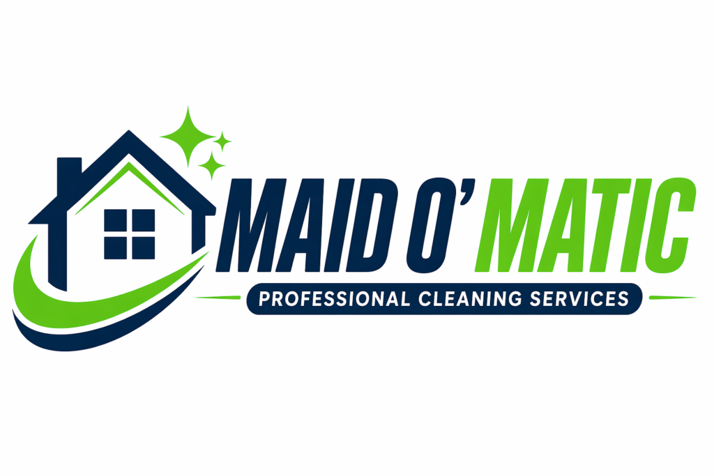 Logo for MADO’MATIC Professional Cleaning Services with a navy house icon, green swoosh and star accents in blue and green progress colors.