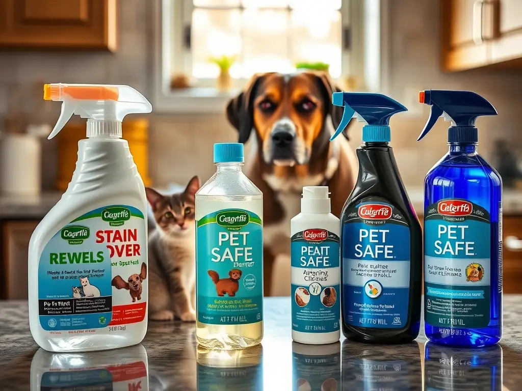 A collection of pet-safe cleaning products, including stain removers and odor eliminators, shown in a home setting with pets. The image highlights the safety and effectiveness of these products around animals.