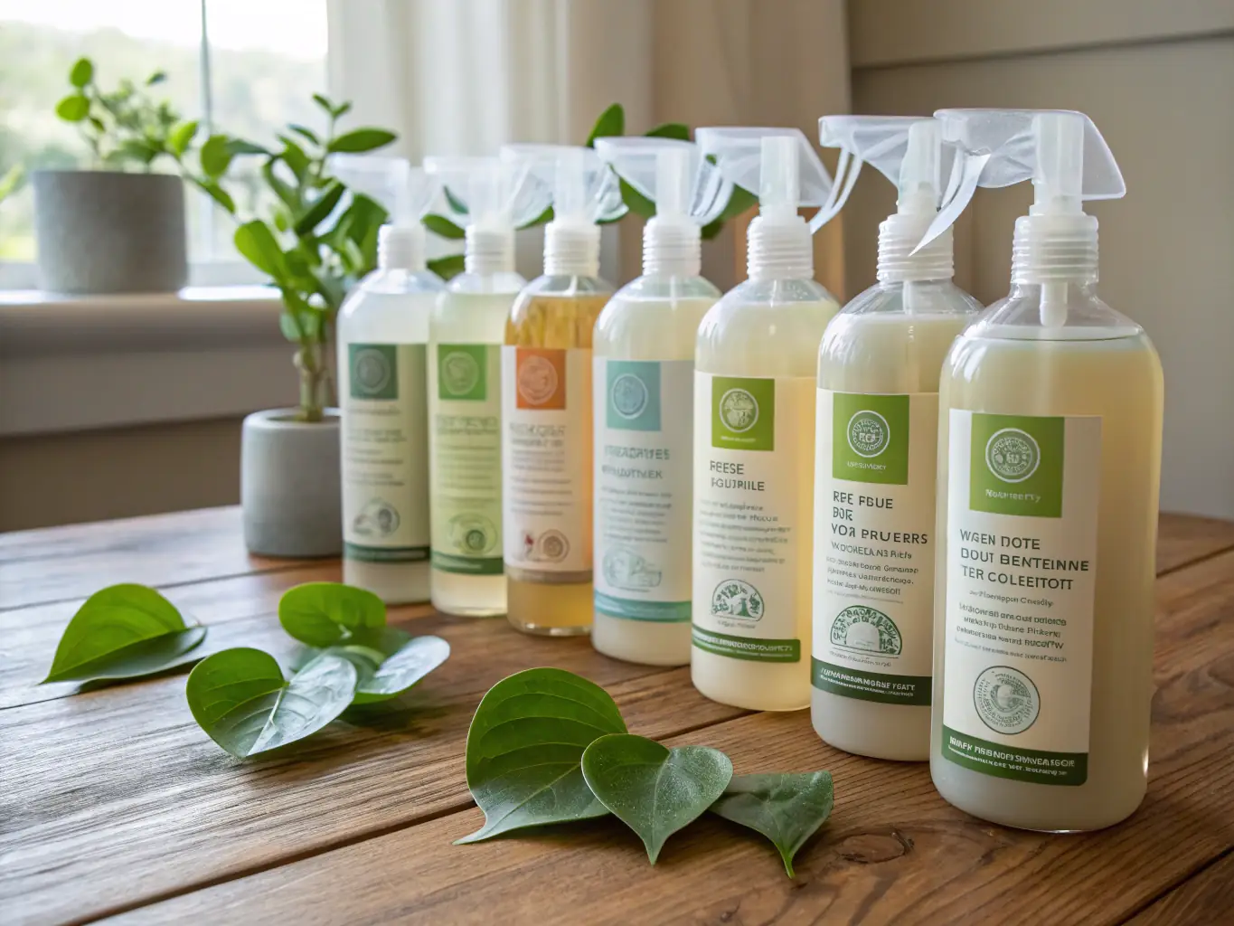 A close-up shot of a variety of natural cleaning products, including spray bottles with plant-based ingredients and essential oils, arranged on a wooden shelf in a brightly lit room. The focus is on the eco-friendly labels and natural textures of the products.