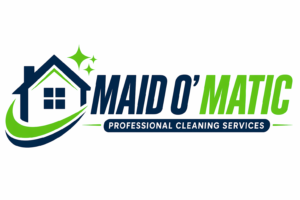 Logo for Maid O'Matic Professional Cleaning Services with a stylized blue house, green swoosh, star accents, and bold navy and lime text.