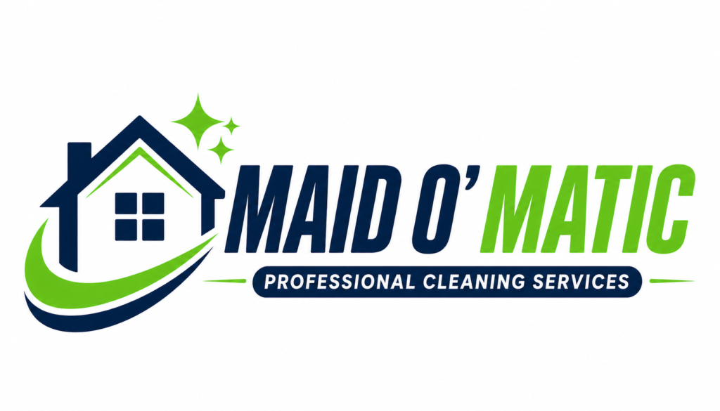 Logo for Maid O'Matic Professional Cleaning Services featuring a navy house icon with green swoosh and stars, and bold navy-to-green text.