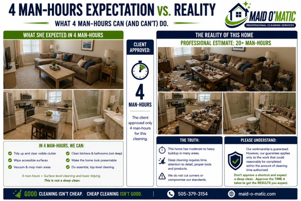Maid O'Matic infographic: 4 man-hours expectation vs. reality. A booking of 4 man-hours covers surface-level cleaning and basic tidying, while properly deep cleaning a heavily cluttered home can require 20+ man-hours. Our guarantee applies only to work that can reasonably be completed within the cleaning time authorized.