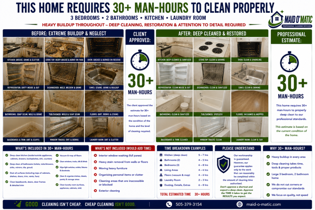 Maid O'Matic infographic: this home requires 30+ man-hours to clean properly. A 3 bedroom, 2 bathroom home with kitchen and laundry room with heavy buildup throughout requiring deep cleaning, restoration, and attention to detail. Before and after photos show the kitchen, stove top, oven, refrigerator, dishwasher, sinks, bathrooms, tub and shower, floors, baseboards, window tracks, and laundry room going from extreme buildup and neglect to deep cleaned and restored. Example time breakdown: kitchen 5 to 7 hours, two bathrooms 4 to 5 hours, three bedrooms 6 to 8 hours, living areas 4 to 6 hours, floors 4 to 6 hours, laundry room 2 to 3 hours, and dusting, details, and extras 6 to 8 hours, for a total of 30+ hours.