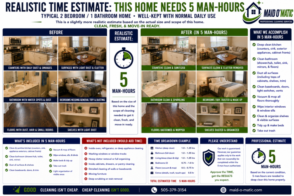 Maid O'Matic infographic: realistic time estimate, this home needs 5 man-hours. A typical 2 bedroom, 1 bathroom home that is well kept with normal daily use. Before and after photos show the kitchen counters, living area surfaces, bathroom, bedrooms, floors, and shelves going from light dust and clutter to clean, fresh, and move-in ready. In 5 man-hours we deep clean the kitchen, clean the bathroom, dust all surfaces, clean baseboards and doors, vacuum and mop floors, wipe interior windows, organize visible surfaces, make beds, and take out trash. Example time breakdown: kitchen 1 to 1.25 hours, bathroom 1 to 1.25 hours, living areas 1 to 1.25 hours, two bedrooms 0.75 to 1 hour, floors 0.5 to 0.75 hour, and extras 0.5 hour, for a total of 5 man-hours.