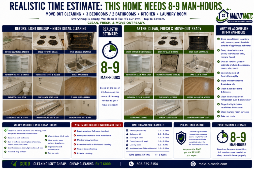 Maid O'Matic infographic: realistic time estimate, this home needs 8 to 9 man-hours. A move-out cleaning for a 3 bedroom, 2 bathroom home with kitchen and laundry room that is empty with light buildup. Before and after photos show kitchen counters and cabinets, stove top, oven, refrigerator, dishwasher, sinks, bathroom, tub and shower, floors, baseboards, window tracks, and laundry room going from light buildup needing detail cleaning to clean, fresh, and move-out ready. In 8 to 9 man-hours we deep clean the kitchen including inside and outside of appliances, deep clean both bathrooms, dust all surfaces, clean baseboards and doors, vacuum and mop floors, wipe interior windows and sills, clean and sanitize sinks and fixtures, clean inside and outside of the refrigerator, oven, and dishwasher, organize light clutter, clean laundry room surfaces, and take out trash. Example time breakdown: kitchen 2 to 2.5 hours, two bathrooms 2 to 2.5 hours, dusting all areas 1 to 1.5 hours, floors 1 to 1.5 hours, laundry room 0.5 to 1 hour, and appliances 1 to 1.5 hours, for a total of 8 to 9 hours.