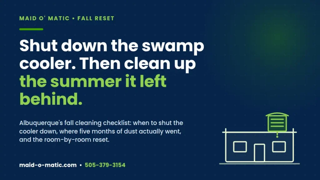 Illustration of an Albuquerque flat-roof home with a covered rooftop swamp cooler; text reads Shut down the swamp cooler, then clean up the summer it left behind