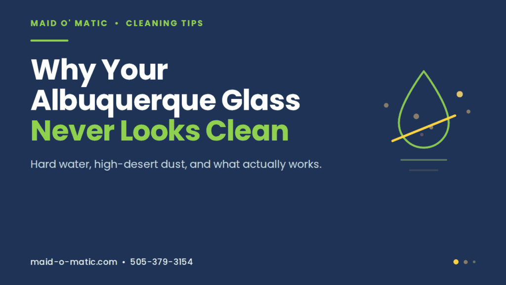 Maid O' Matic graphic: a water droplet outline with mineral spots and a squeegee stroke, headline Why Your Albuquerque Glass Never Looks Clean