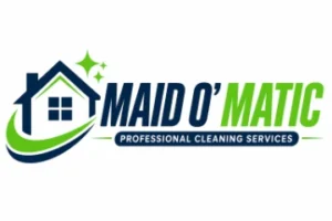Logo for Maid O'Matic Professional Cleaning Services with a stylized blue house, green swoosh, star accents, and bold navy and lime text.