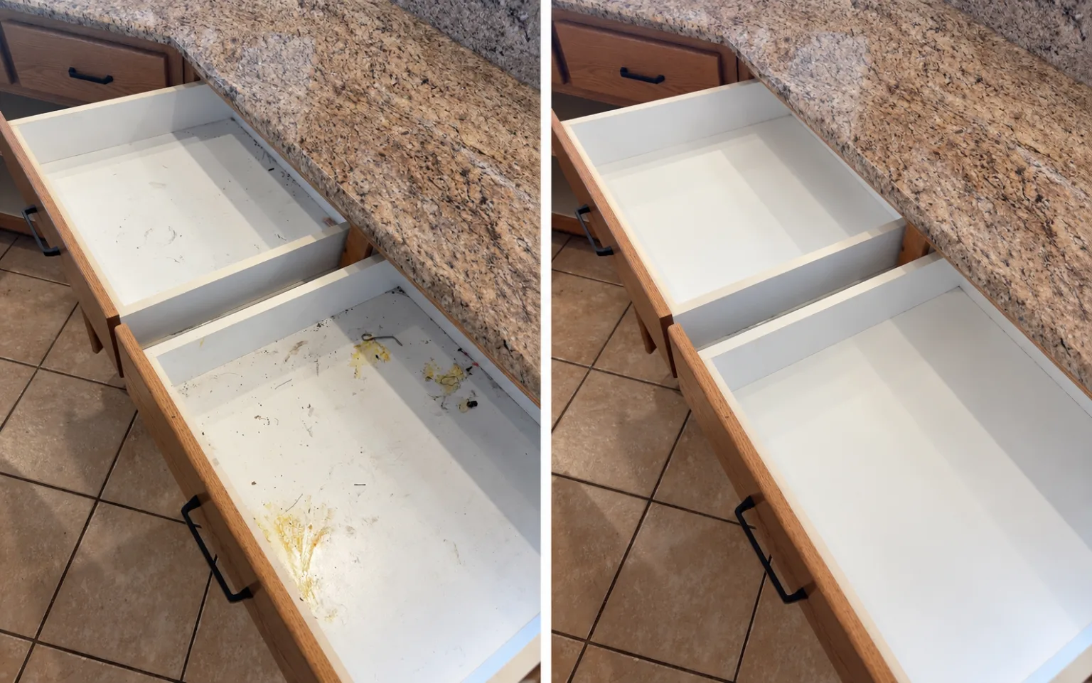 Before and after photo of kitchen drawers cleaned by Maid O’ Matic in Albuquerque — crumbs and spills on the left, spotless white drawers on the right