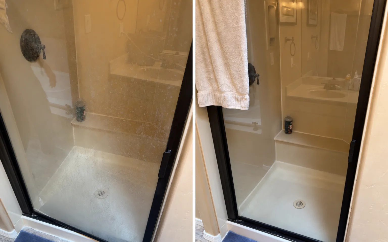 Before and after photo of a shower cleaned by Maid O’ Matic in Albuquerque — cloudy hard-water glass on the left, clear glass on the right