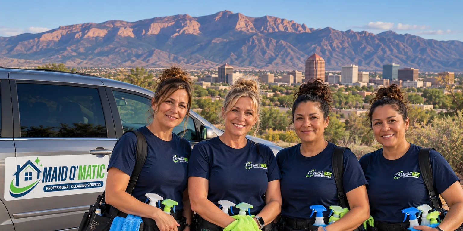 The Maid O’ Matic cleaning team in navy uniforms in front of a company car, with the Sandia Mountains and downtown Albuquerque behind them
